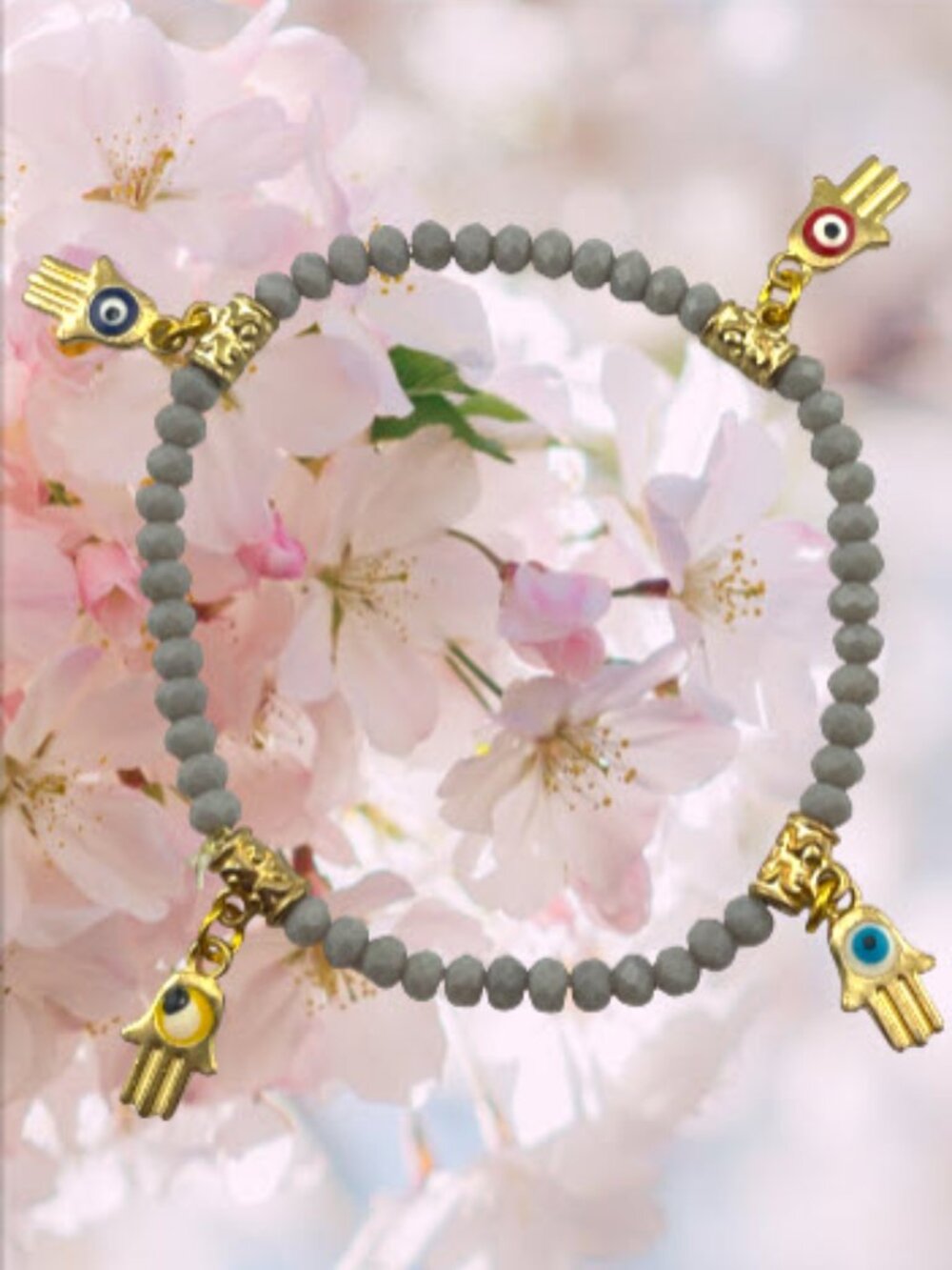 Blue Chalcedony Bracelet Faceted Gemstones Hamsa Evil Eye Charms 7"